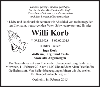 Traueranzeige von Willi Korb 