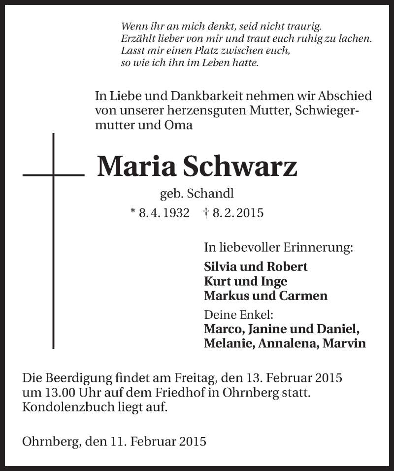  Traueranzeige für Maria Schwarz vom 11.02.2015 aus 