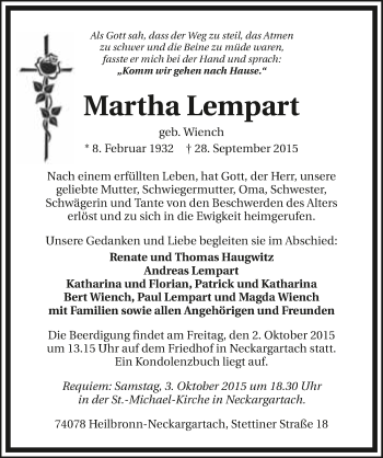 Traueranzeige von Martha Lempart 
