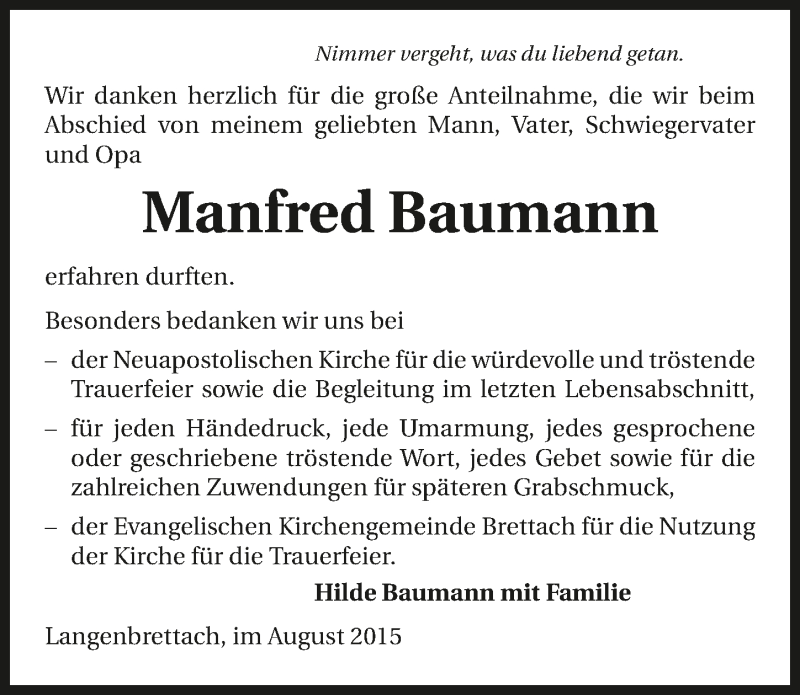  Traueranzeige für Manfred Baumann vom 29.08.2015 aus 