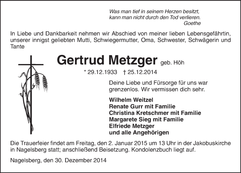  Traueranzeige für Gertrud Metzger vom 30.12.2014 aus 