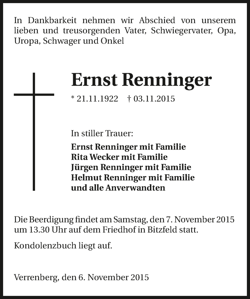  Traueranzeige für Ernst Renninger vom 06.11.2015 aus 
