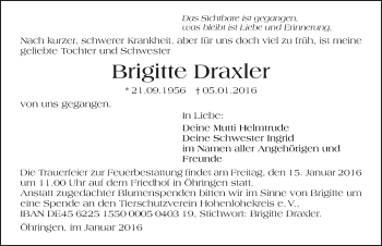 Traueranzeige von Brigitte Draxler 