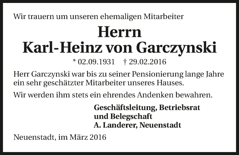  Traueranzeige für Karl-Heinz von Garczynski vom 08.03.2016 aus 