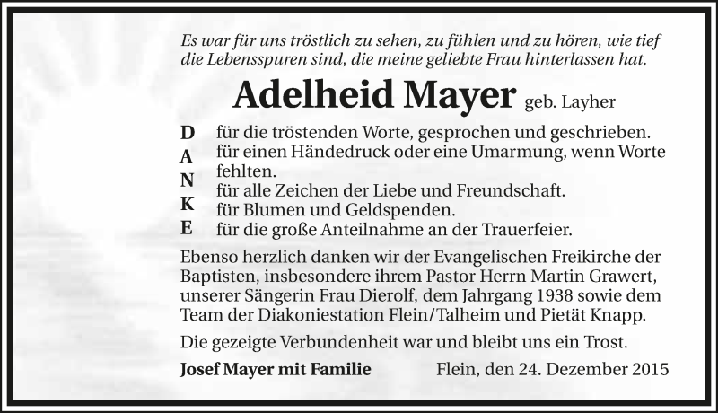  Traueranzeige für Adelheid Mayer vom 24.12.2015 aus 