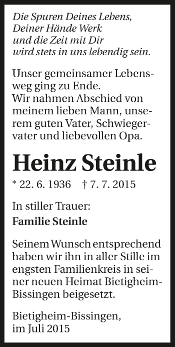 Traueranzeige von Heinz Steinle 