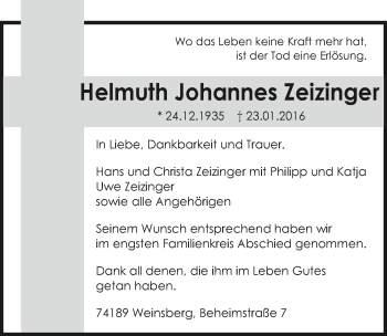 Traueranzeige von Helmuth Johannes Zeizinger 