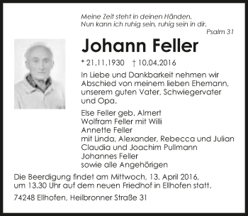 Traueranzeige von Johann Feller 