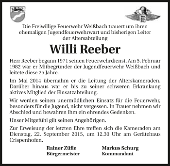 Traueranzeige von Willi Reeber 