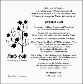 Traueranzeige von Ruth Haft 