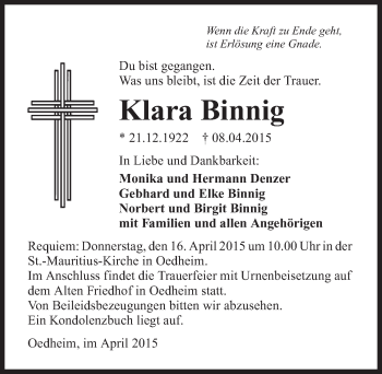 Traueranzeige von Klara Binnig 