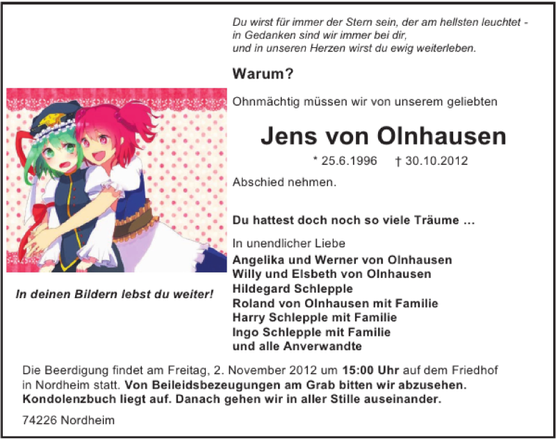  Traueranzeige für Jens von Olnhausen vom 31.10.2012 aus 