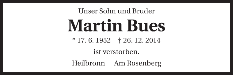  Traueranzeige für Lisa Bues vom 30.12.2014 aus 