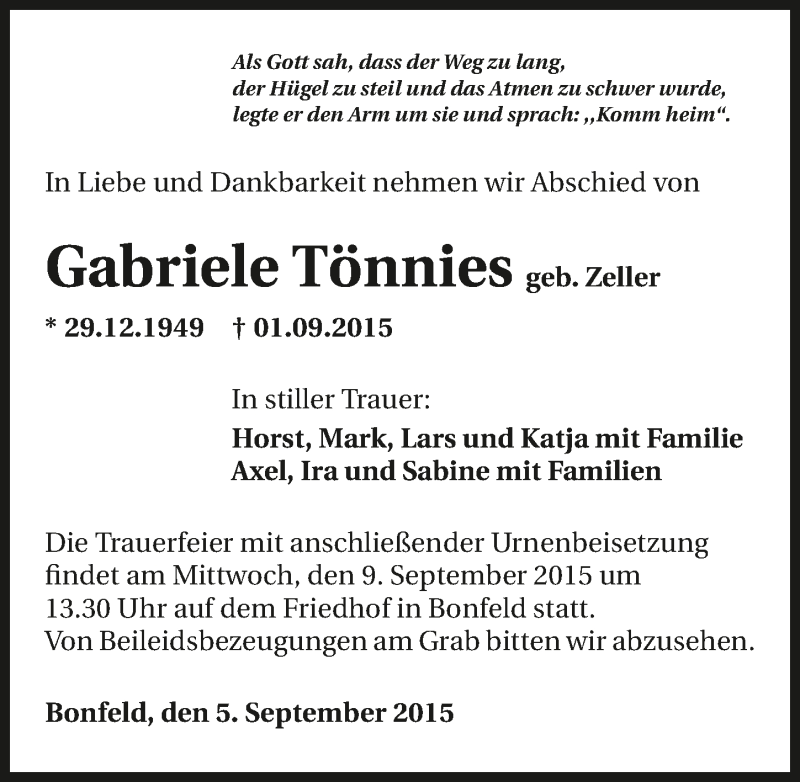  Traueranzeige für Gabriele Tönnies vom 05.09.2015 aus 
