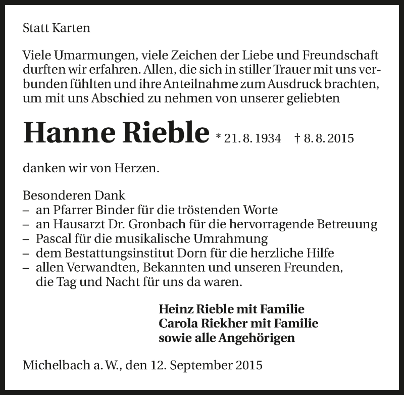  Traueranzeige für Hanne Rieble vom 12.09.2015 aus 