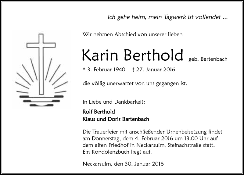  Traueranzeige für Karin Berthold vom 30.01.2016 aus 