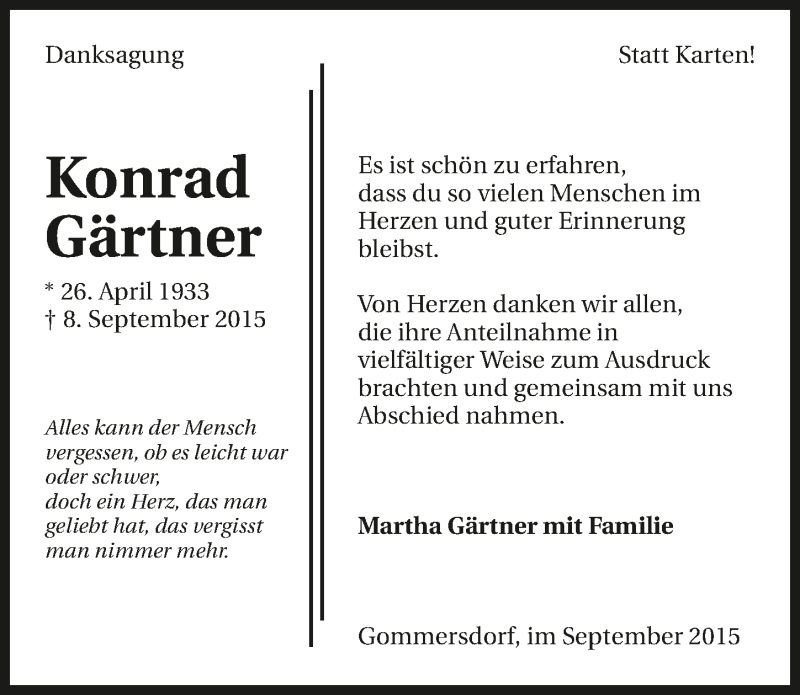  Traueranzeige für Konrad Gärtner vom 19.09.2015 aus 