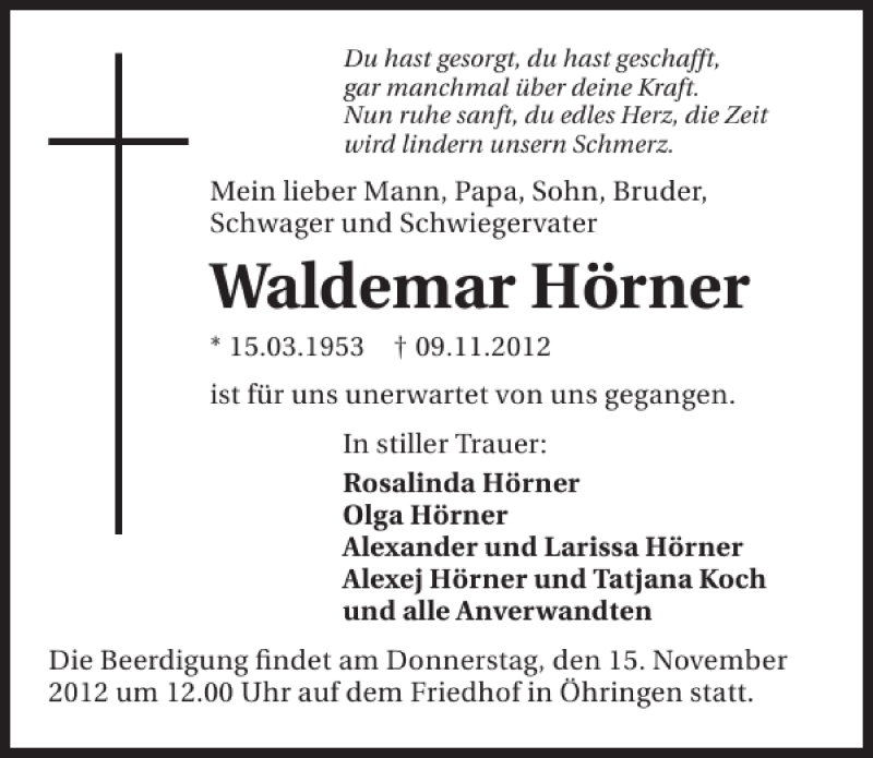  Traueranzeige für Waldemar Hörner vom 13.11.2012 aus 