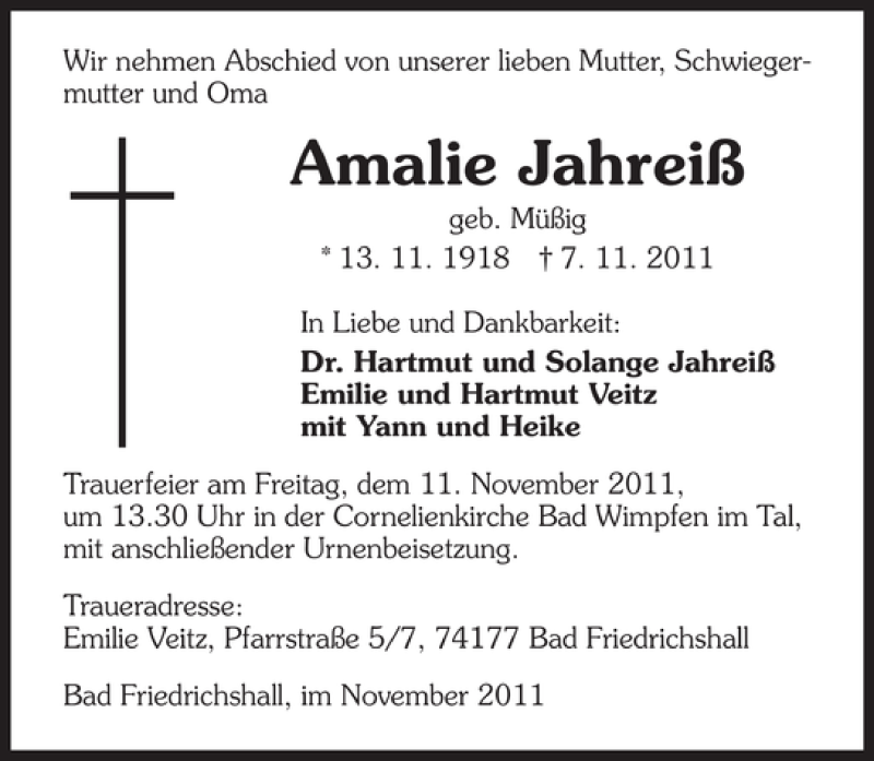  Traueranzeige für Amalie Jahreiß vom 09.11.2011 aus 