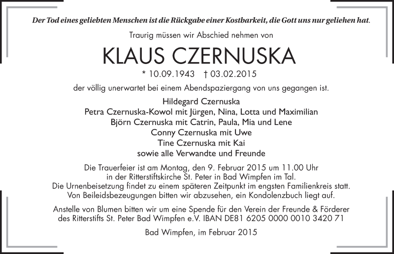  Traueranzeige für Klaus Czernuska vom 06.02.2015 aus 