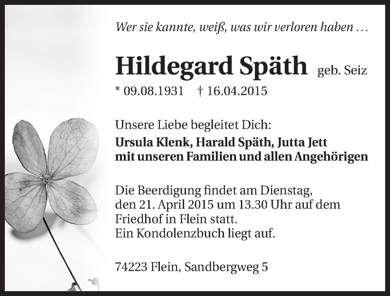 Traueranzeige für Hildegard Späth vom 17.04.2015 aus 