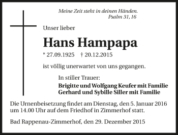 Traueranzeige von Hans Hampapa 