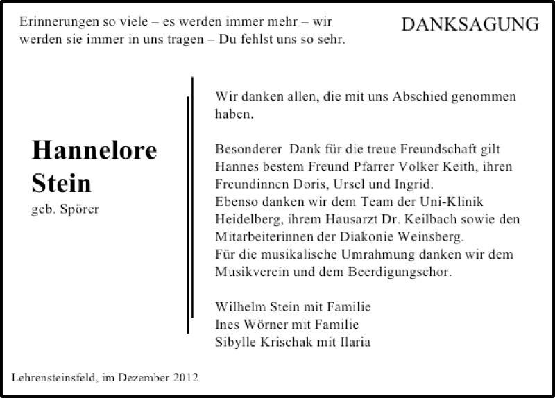  Traueranzeige für Hannelore Stein vom 01.12.2012 aus 