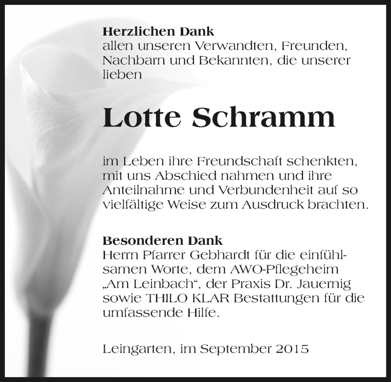  Traueranzeige für Lotte Schramm vom 01.09.2015 aus 
