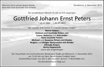 Traueranzeige von Gottfried Johann Ernst Peters 