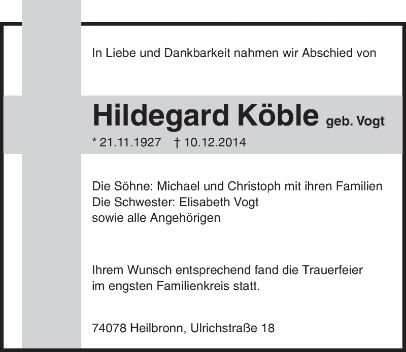  Traueranzeige für Hildegard Köble vom 22.12.2014 aus 