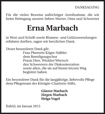 Traueranzeige von Erna Marbach 