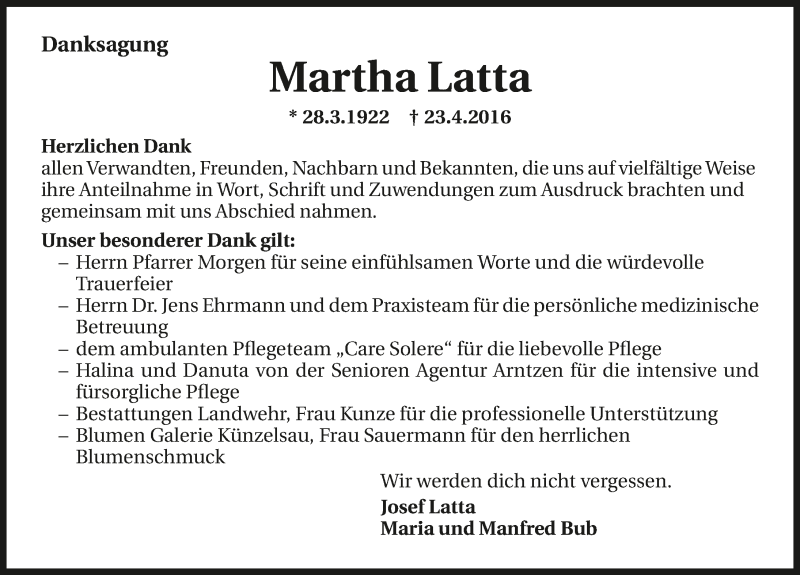  Traueranzeige für Martha Latta vom 07.05.2016 aus 