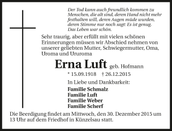 Traueranzeige von Erna Luft 