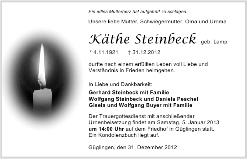  Traueranzeige für Käthe Steinbeck vom 03.01.2013 aus 