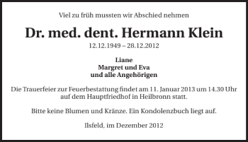 Traueranzeige von Dr. med. dent. Hermann Klein 