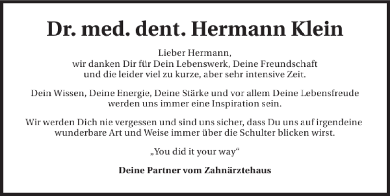 Traueranzeige für Dr. med. dent. Hermann Klein vom 05.01.2013 aus 