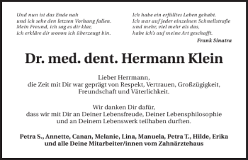 Traueranzeige von Dr. med. dent. Hermann Klein 