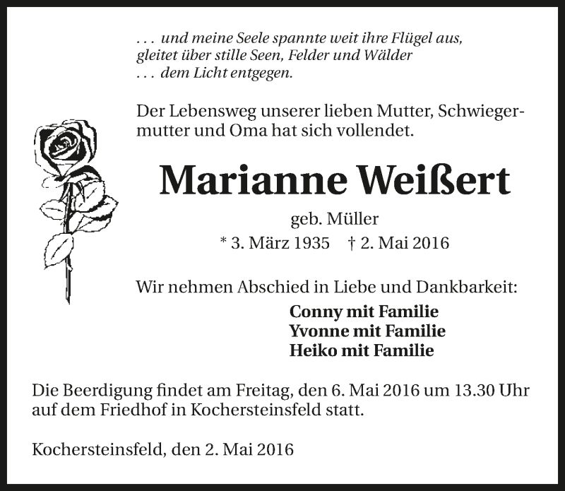  Traueranzeige für Marianne Weißert vom 04.05.2016 aus 