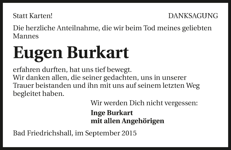  Traueranzeige für Eugen Burkart vom 19.09.2015 aus 