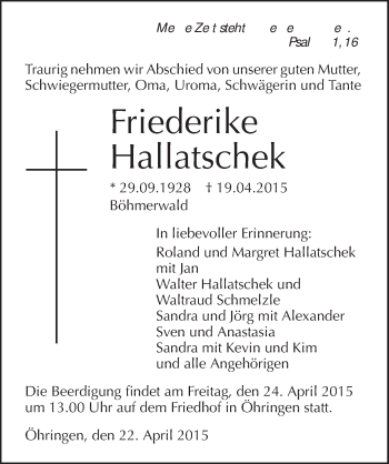 Traueranzeige von Friederike Hallatschek 