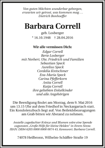 Traueranzeige von Barbara Corell 