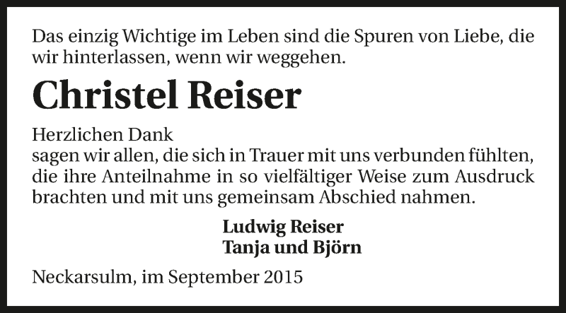  Traueranzeige für Christel Reiser vom 21.09.2015 aus 