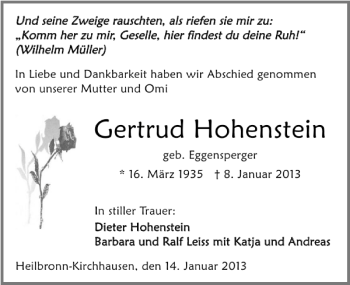 Traueranzeige von Gertrud Hohenstein 