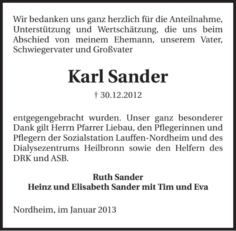  Traueranzeige für Karl Sander vom 15.01.2013 aus 