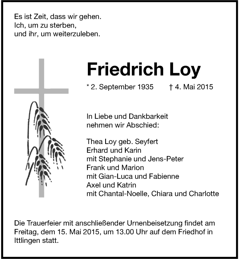  Traueranzeige für Friedrich Loy vom 09.05.2015 aus 