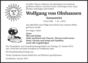 Traueranzeige von Wolfgang von Olnhausen 