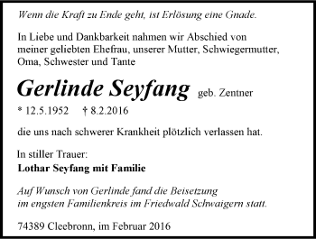 Traueranzeige von Gerlinde Seyfang 