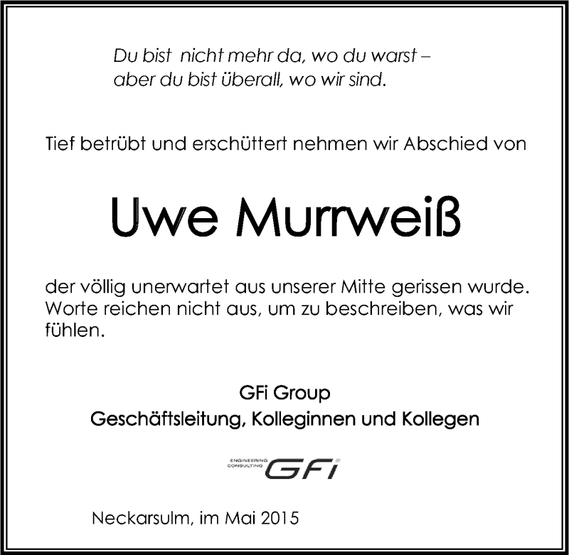  Traueranzeige für Uwe Murrweiß vom 09.05.2015 aus 