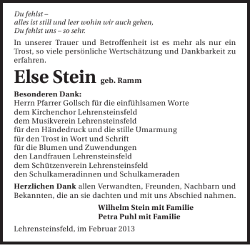 Traueranzeige von Else Stein 
