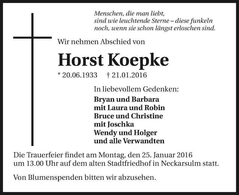  Traueranzeige für Horst Koepke vom 23.01.2016 aus 